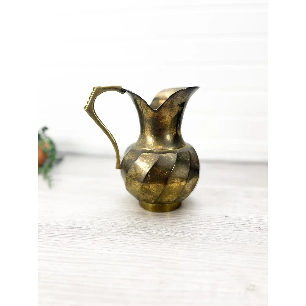 Solid Brass Pitcher‎ Vase with Handle - Scalloped Edge
